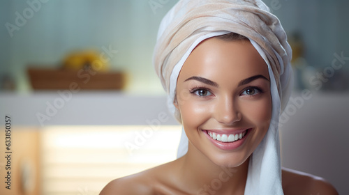 Spa skin care beauty woman wearing hair towel after beauty treatment. Created with Generative AI technology.