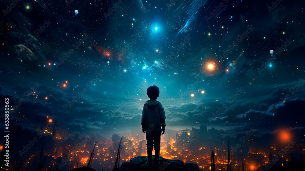 little boy looking at starry sky