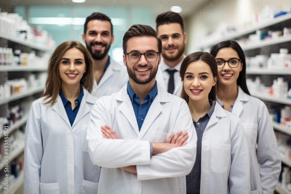 Group of pharmacists standing together in a chemist. Generative AI Group of pharmacists standing together in a chemist. Generative AI
