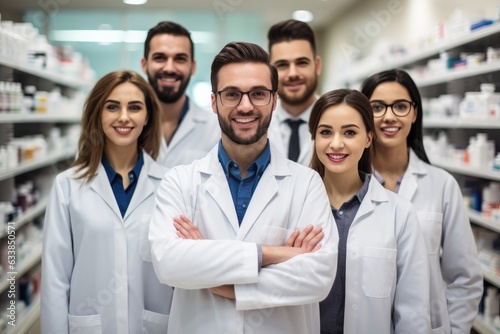 Group of pharmacists standing together in a chemist. Generative AI © piai