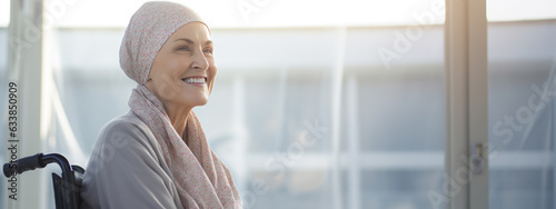 Middle-aged woman with cancer wearing head scarf sits in a wheelchair in a hospital. Created with Generative AI technology. photo