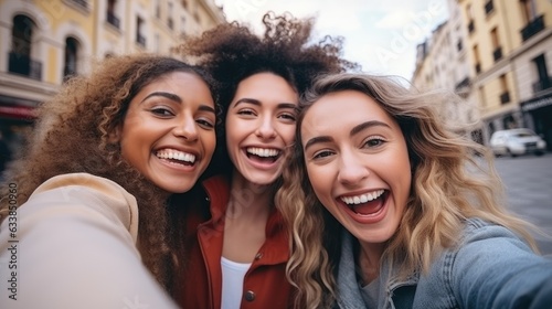 Girlfriends taking selfies together. Group of multiethnic female friends having fun together outdoors. Generative AI