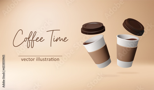Coffee time banner with 3d realistic two paper coffee cups. Takeaway coffee or tea to go concept. Vector eps10 illustration or background.