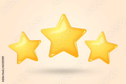 Three yellow stars glossy colors. Achievements for games. Customer rating feedback concept from client about employee of website. Realistic 3d design. Vector illustration