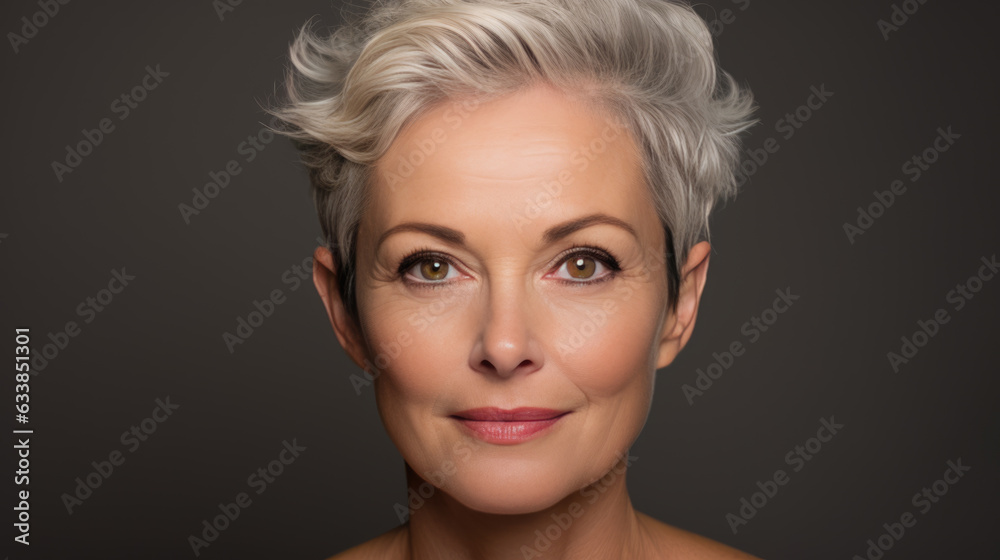 Beautiful gorgeous 50s mid aged mature woman smiling isolated on dark grey background. Beautiful gorgeous 50s mid aged mature woman smiling isolated on dark grey background.