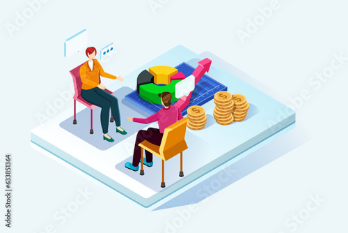 Flat isometric vector business illustration. small people characters develop creative business idea.