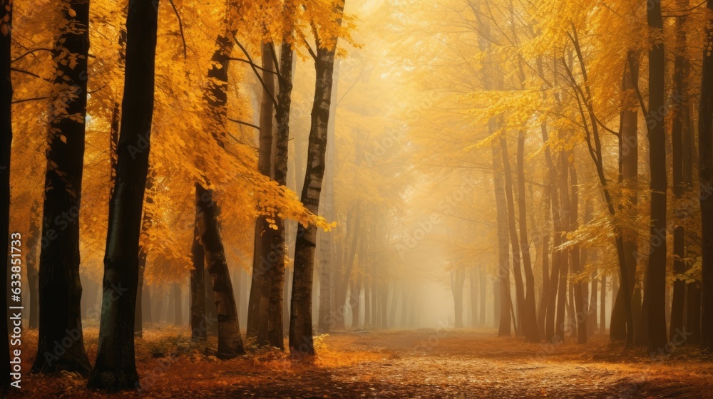 Atmospheric autumn forest in the fog. Yellow and orange leaves on the trees in the morning forest. Beautiful nature background. Generative AI