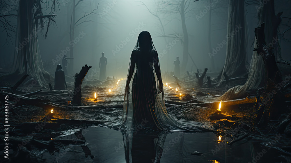 Mysterious woman with white veil walking in the dark forest with a terrifying atmosphere. Halloween concept.