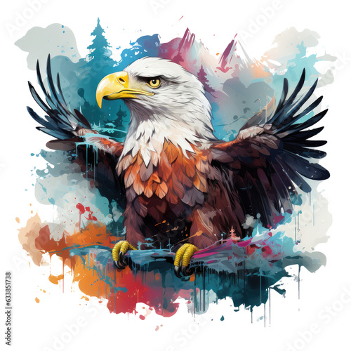 A surreal Amerikan Eagle T-Shirt Design set in an otherworldly dimension, with the eagle as a mythical creature with iridescent wings, Generative Ai