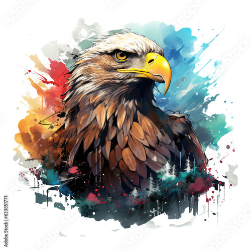  A whimsical Amerikan Eagle T-Shirt Design set in an imaginary world, with the eagle as a mythical guardian with shimmering wings, soaring amidst floating islands, Generative Ai