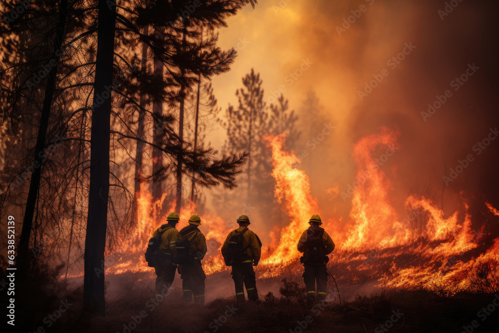 Extensive wildfires raging through national parks and forests. Firefighters battling a large fire. Burning trees. Climate change, global warming, drought, natural disaster, environmental crisis