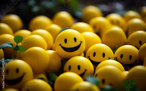 Close-up of cheerful yellow smiley balls nestled among fresh green leaves, symbolizing positivity and nature