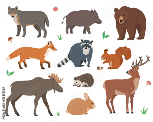 Forest animals set. Wild woodland mammal forest animal characters in different poses. Nature Vector icons illustration isolated on white background.