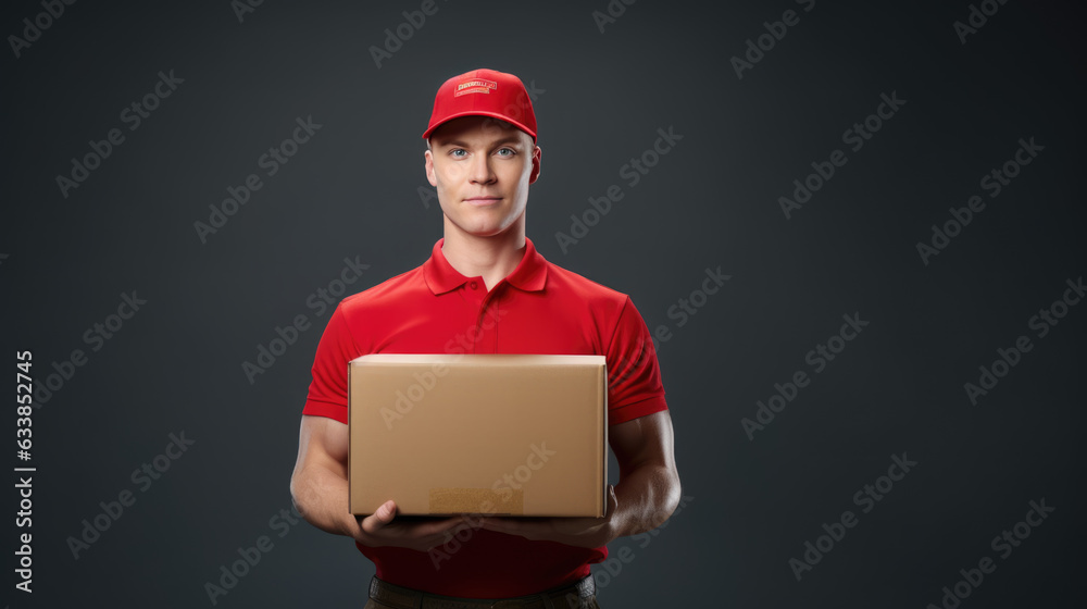 Delivery employee in red clothes holding a cardboard box with a parcel on a dark background.