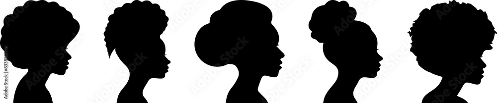 Silhouettes of African American women. Profile with various hairstyles