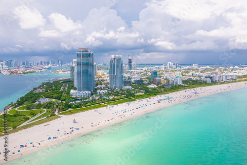 Miami. Miami Beach Florida. Panorama of South Miami Beach FL. Atlantic Ocean. Beautiful seascape. Turquoise color of sea water. Summer vacation in Florida. Aerial view on Hotels and Resorts on Island