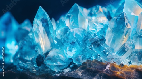 Aquamarines and raw crystal gems concept with closeup of a bunch of blue uncut aquamarine, topaz or tourmaline crystals Generative AI