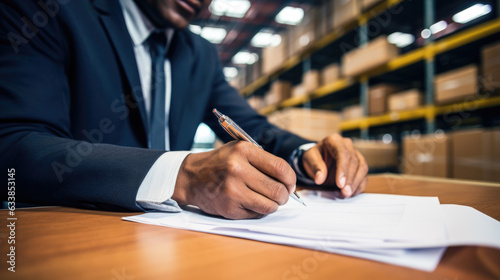 Businessman in a suit signs a contract for delivery of products against the background of a logistics center. Created with Generative AI technology.