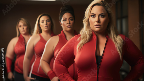 Plus-size women in the gym. Created with Generative AI technology.