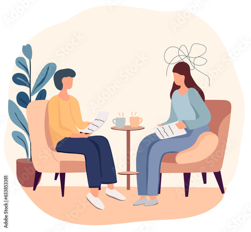 Mental health therapy notion. Female patient in a psychologists setting. Discussing with a psychiatrist while seated. Addressing stress, dependencies, and psychological issues. Vector.