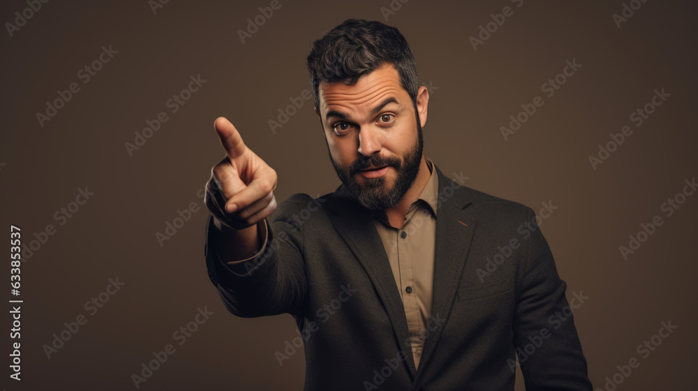 Middle aged man wearing casual clothes pointing with hand and finger to the side looking at the camera.