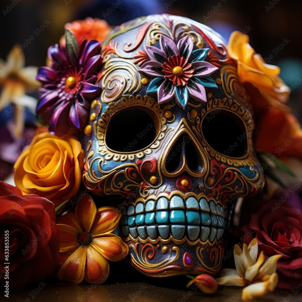 The day of the Dead. Colorful sugar skull all in patterns, surrounded by various colors, in a colorful bright style, traditional Mexican style. Diaz de los Muertos. The day of the Dead. Colorful sugar skull all in patterns, surrounded by various colors, in a colorful bright style, traditional Mexican style. Diaz de los Muertos.
