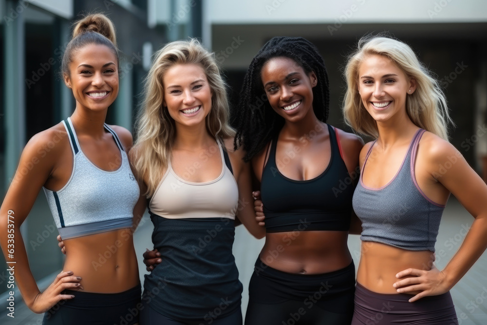 Female fitness friends smiling and standing together in sportswear. Generative AI