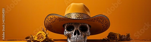 The day of the Dead. Sugar skull on a yellow background in a yellow hat, decoration in the form of orange flowers, in the style of a traditional Mexican style. Diaz de los Muertos. photo