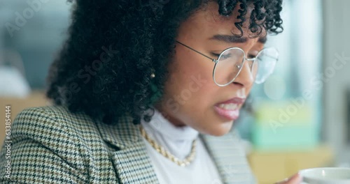 Woman, hot coffee cup and burn mouth with pain, accident or fail with thinking, drink and check in office. Entrepreneur, mistake or emergency with tea, matcha or espresso with lips, teeth or tongue photo