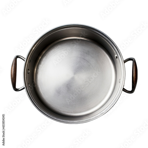A metal pan with a wooden handle on a white background
