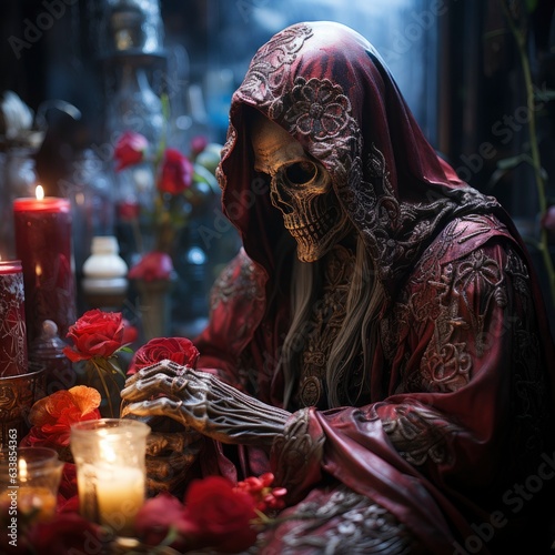 The day of the Dead. Believers present Santa Muerta with a polychrome seven-colored candle. Diaz de los muertos.