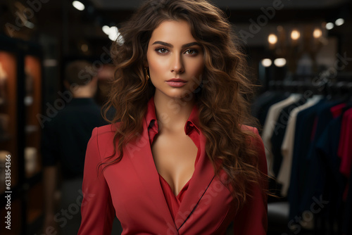 Female business executive in a red business suit. Generative AI
