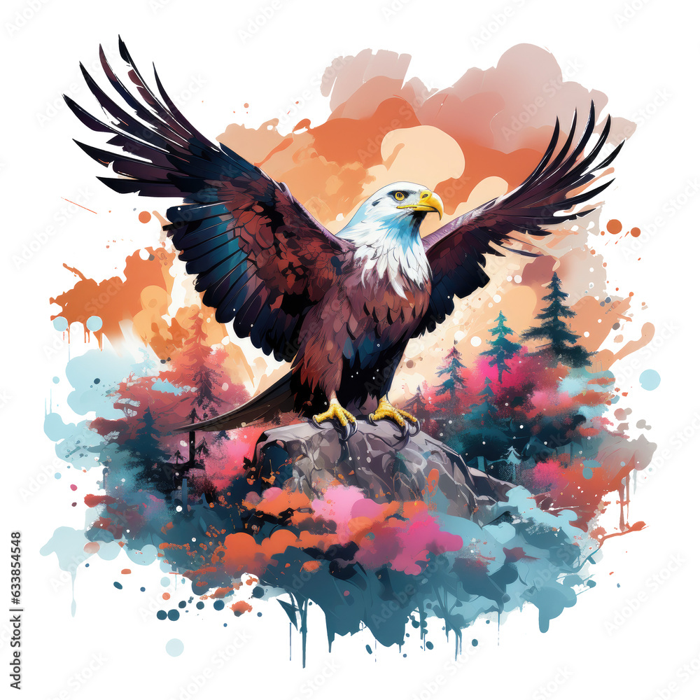 Obraz premium A whimsical Amerikan Eagle T-Shirt Design set in an imaginary world, with the eagle as a mythical guardian with shimmering wings, soaring amidst floating islands and surreal landscapes, Generative Ai
