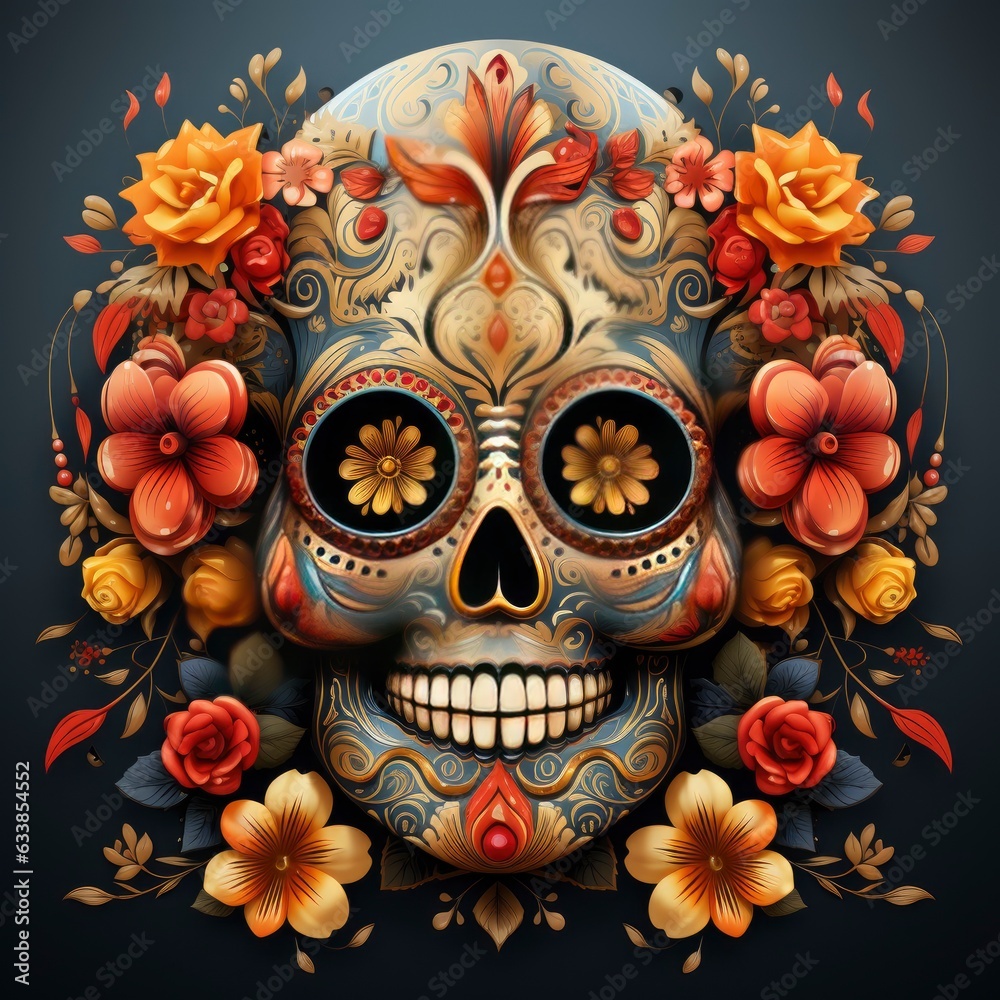The day of the Dead. Colorful sugar skull full of patterns on a dark blue background, surrounded by flowers and leaves, vintage design, traditional Mexican style. Diaz de los Muertos.