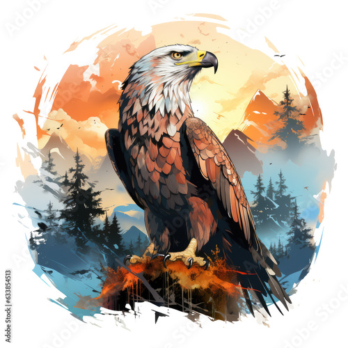 A serene Amerikan Eagle T-Shirt Design capturing the eagle in a picturesque mountain meadow at sunrise, with the soft hues of the setting sun illuminating the landscape, Generative Ai © moondesigner
