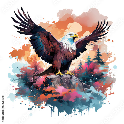  A whimsical Amerikan Eagle T-Shirt Design set in an imaginary world, with the eagle as a mythical guardian with shimmering wings, soaring amidst floating islands and surreal landscapes, Generative Ai