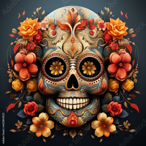 The day of the Dead. Colorful sugar skull full of patterns on a dark blue background, surrounded by flowers and leaves, vintage design, traditional Mexican style. Diaz de los Muertos.