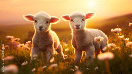 cute lambs in the flower field
