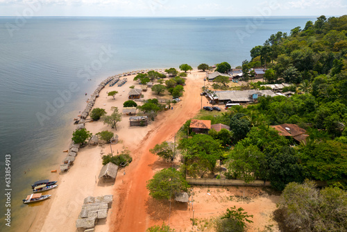 Aerial view of Pindobal beach, a freshwater beach along the Tapajos river in Belterra, Para, Brazil. photo