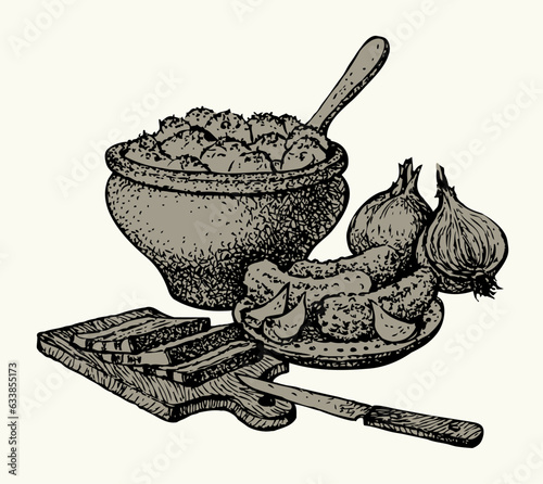 Vector still life. Traditional Slavic food: potatoes in a clay pot