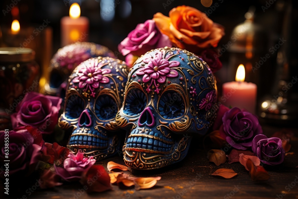 The day of the Dead. Colorful sugar skull ornaments on a dark background on a table with flowers and leaves, vintage design, traditional mexican style.