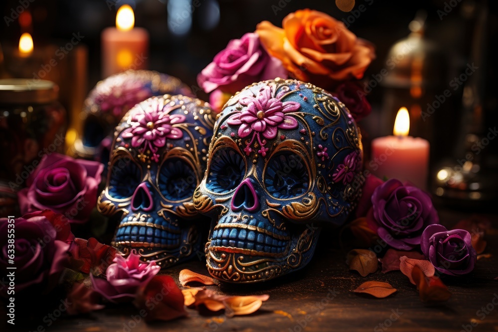 The day of the Dead. Colorful sugar skull ornaments on a dark background on a table with flowers and leaves, vintage design, traditional mexican style. The day of the Dead. Colorful sugar skull ornaments on a dark background on a table with flowers and leaves, vintage design, traditional mexican style.