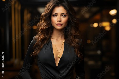 Portrait of an elegant young lady in a professional black dress. Generative AI © Varma