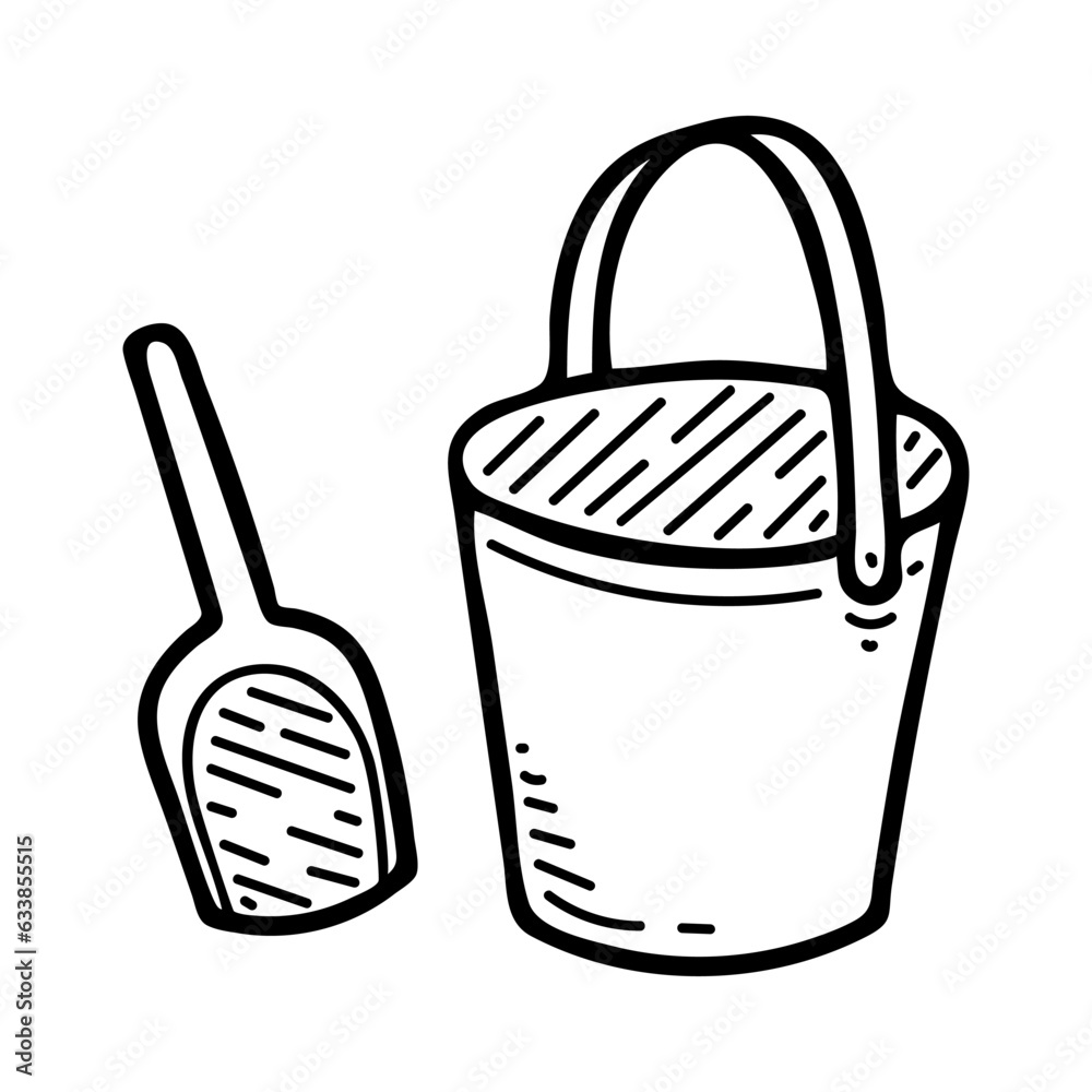 Children bucket with shovel sketch. Preschool games in sand. Hand drawn doodle illustration. Children bucket with shovel sketch. Preschool games in sand. Hand drawn doodle illustration.