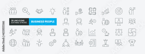 Set of 36 Business people line icons set. Business outline icons with editable stroke collection. Includes, team, teamwork, partnership, meeting and more icons.