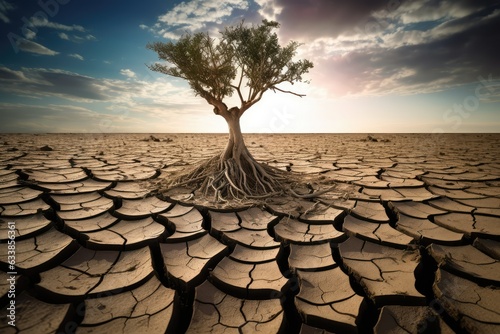 Cracked Earth and wilted tree depict severe drought