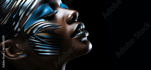 Fashionable female portrait with blue make-up on the face of a beautiful girl, dark and blue skin art makeup, close-up of eyes and lips. Modern art of modeling business. Created with AI