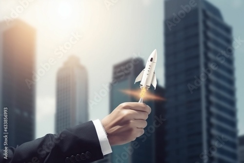 Male hand try to touch the rocket that startup. Business concept in surounding with high business buildings from the hand of businessman. Closeup of mans hand that startet new succses. generative ai photo