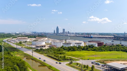Aerial view of the port city on a summer day