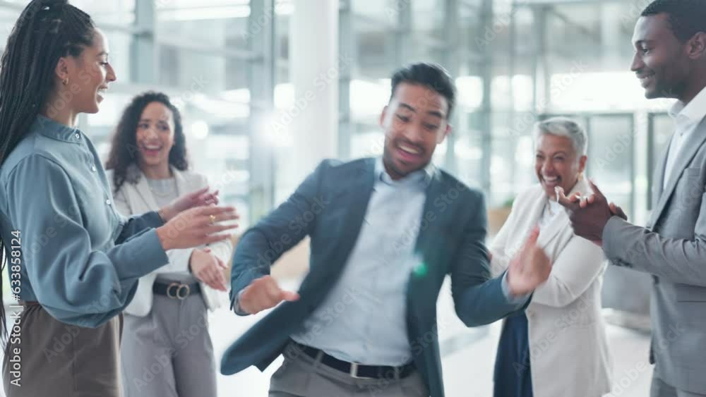 Man, business people and team dance in circle and celebration of success, goal or promotion, achievement or bonus in office. Party, group or funny employee clapping, moving in energy and happy winner